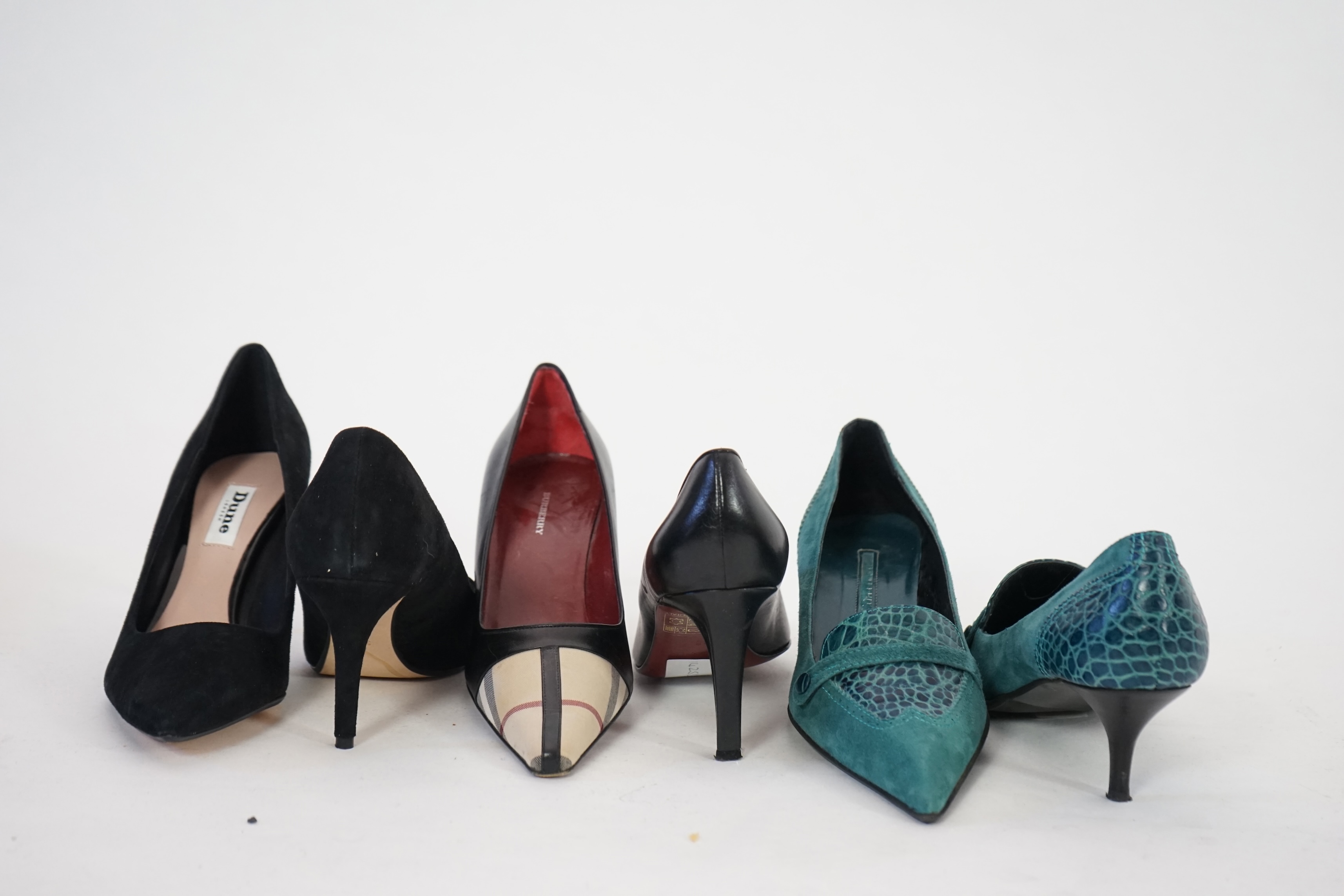A pair of Burberry lady's black heeled pumps with tartan canvas toe detail, a pair of unworn Dune black suede heeled pumps, a pair of teal suede and mock croc leather detail kitten heeled pumps. Three pairs in total. Siz